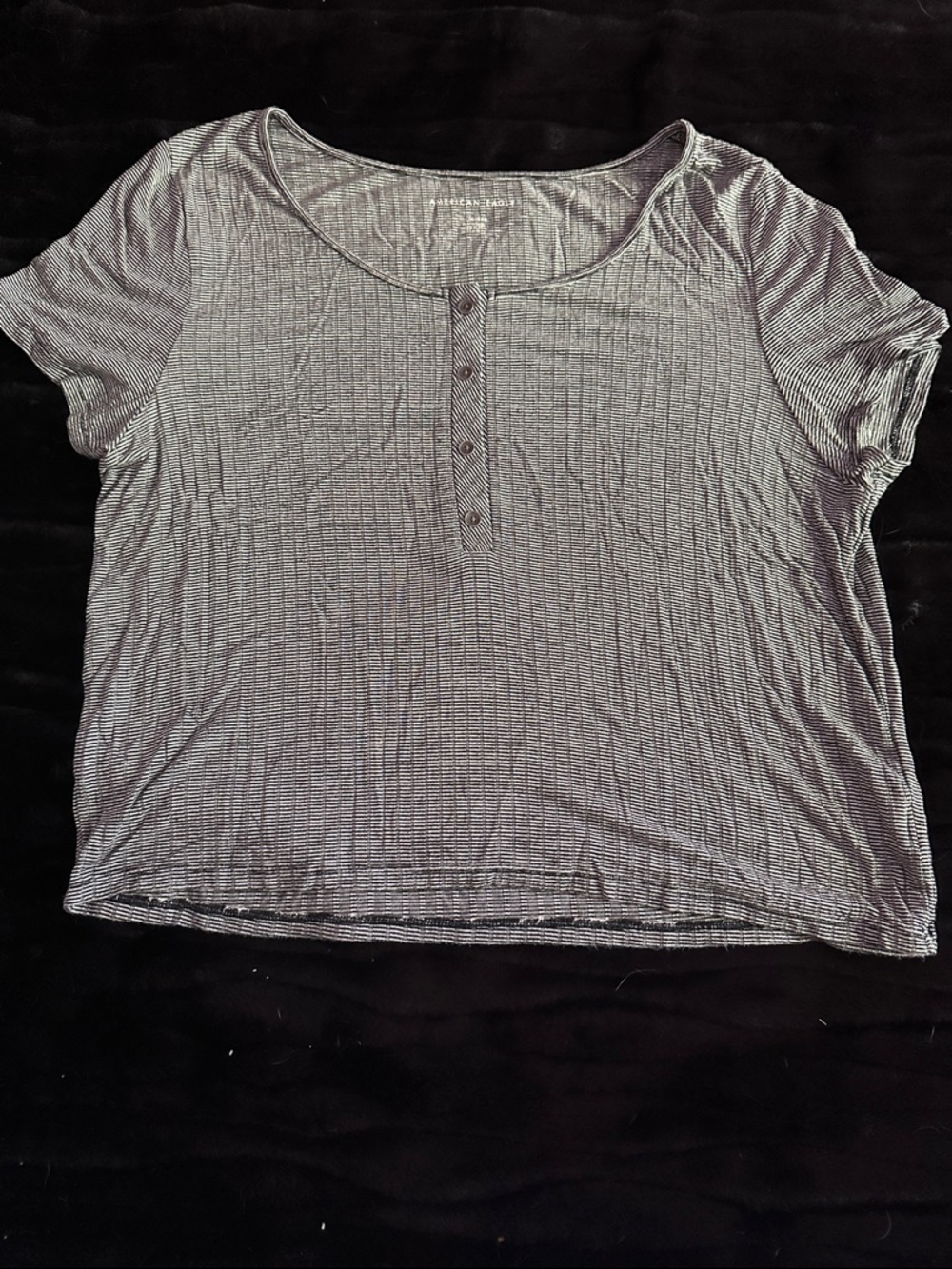 American Eagle Outfitters Black & White Striped Short-Sleeve Henley Tee
